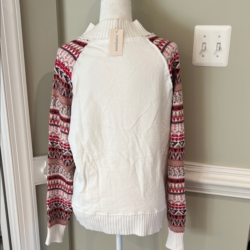 Sundance Fair Isle White 1/4 Zip Sweater with Red Patterned Sleeves, NWT, L - Picture 3 of 10